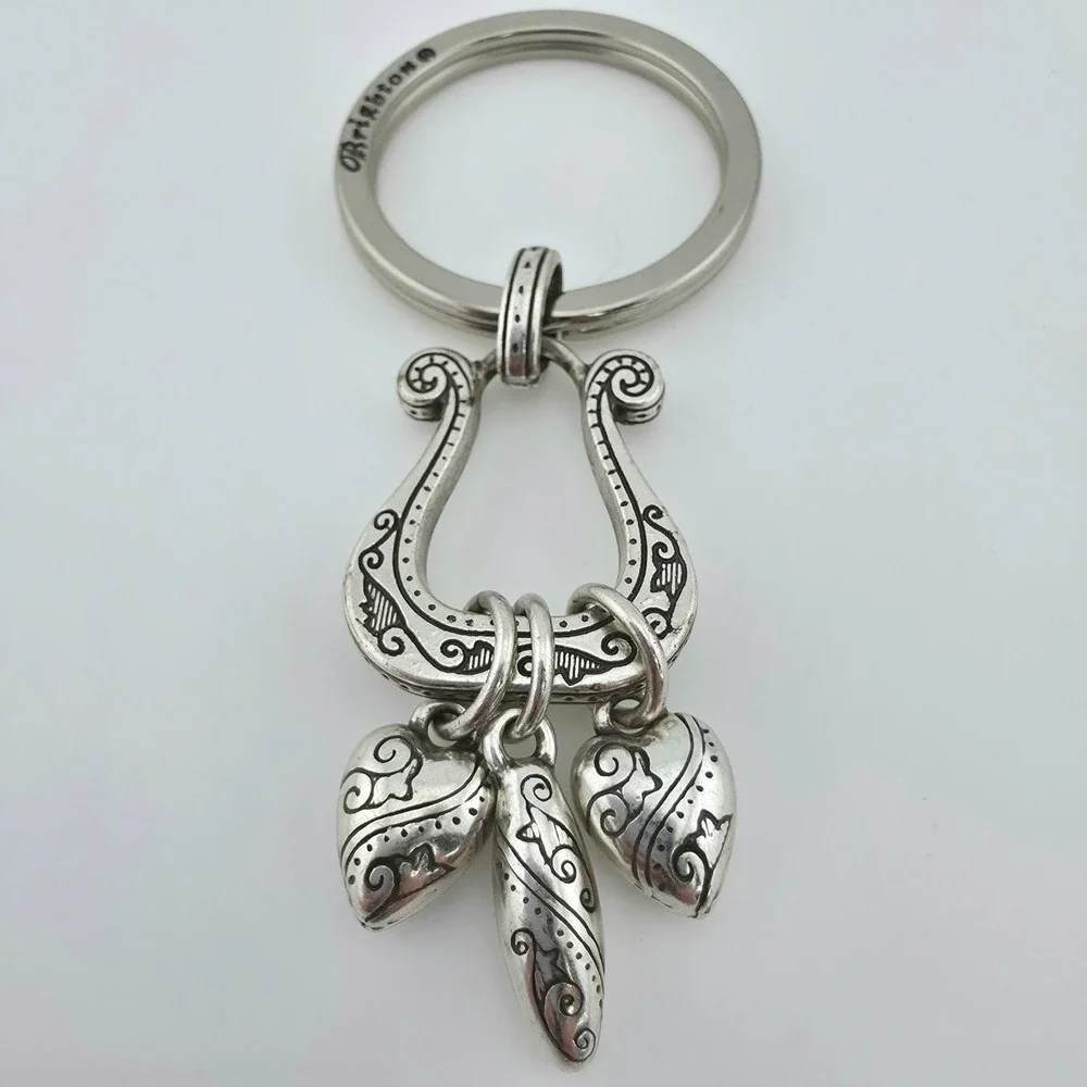 BRIGHTON 'One World' Keychain Bag Charm Harp Heart Scrollwork Silver Plate 3.5